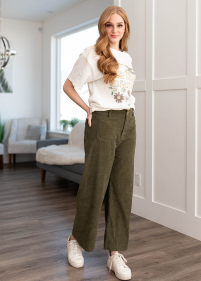 Wide leg olive corduroy pants with pockets