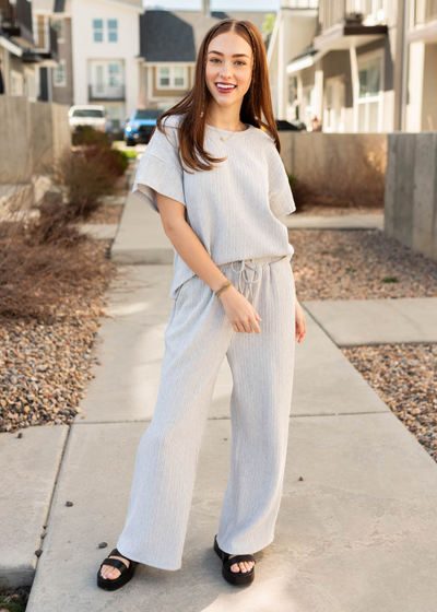 Sage grey textured pants and sage grey textured top sold separately