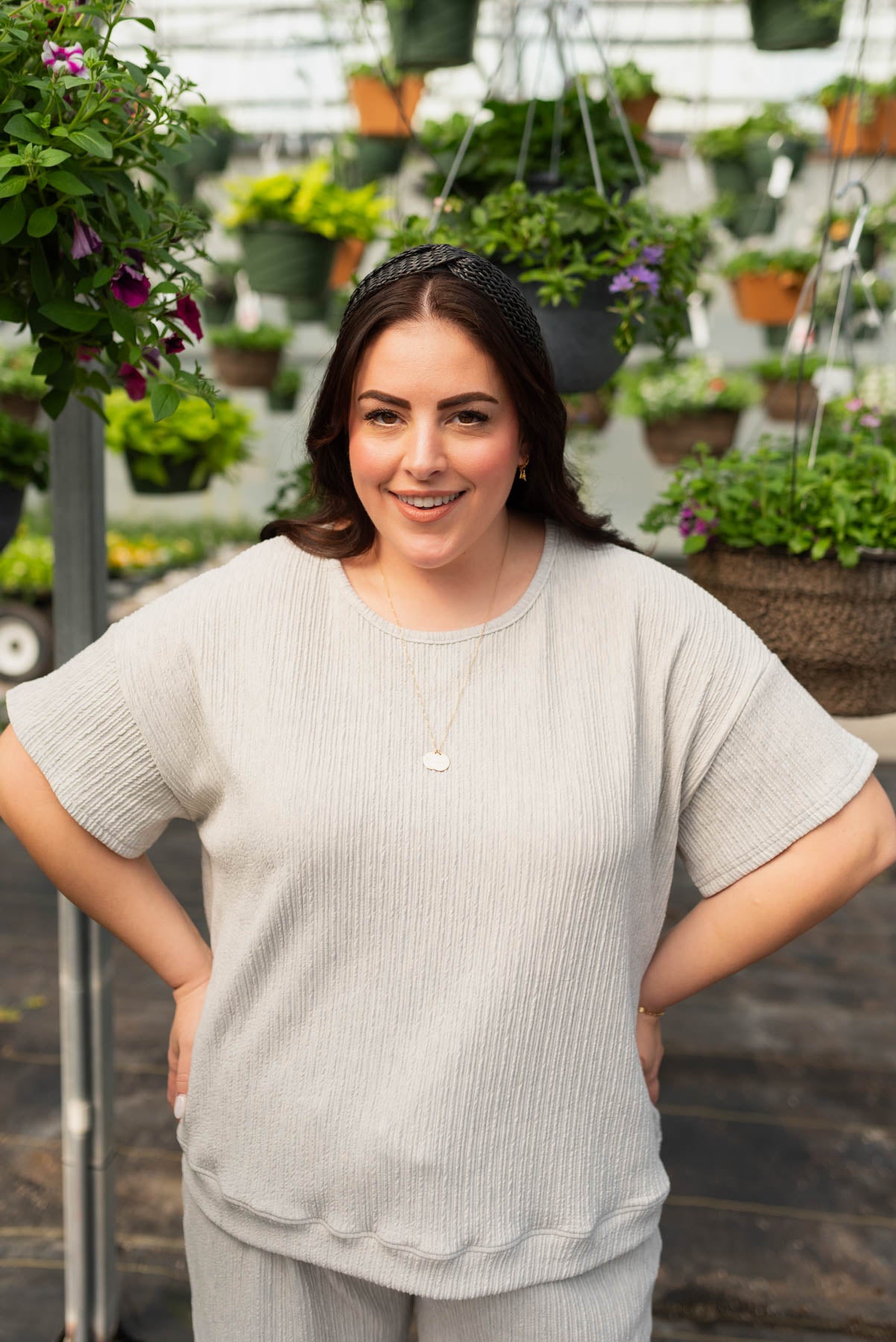 Short sleeve sage grey textured top in plus size
