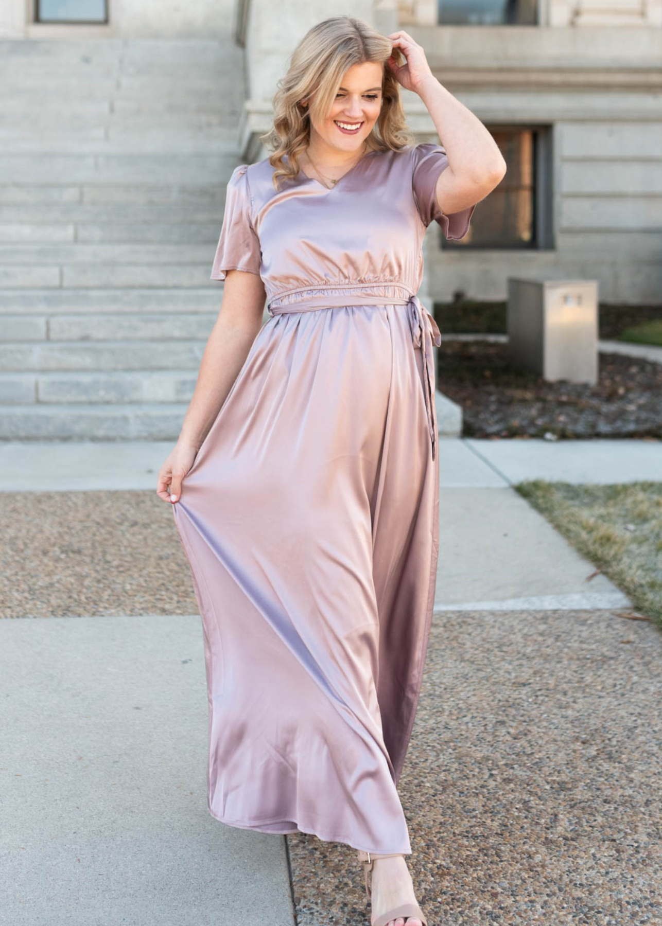 Long lavender dress with short sleeves