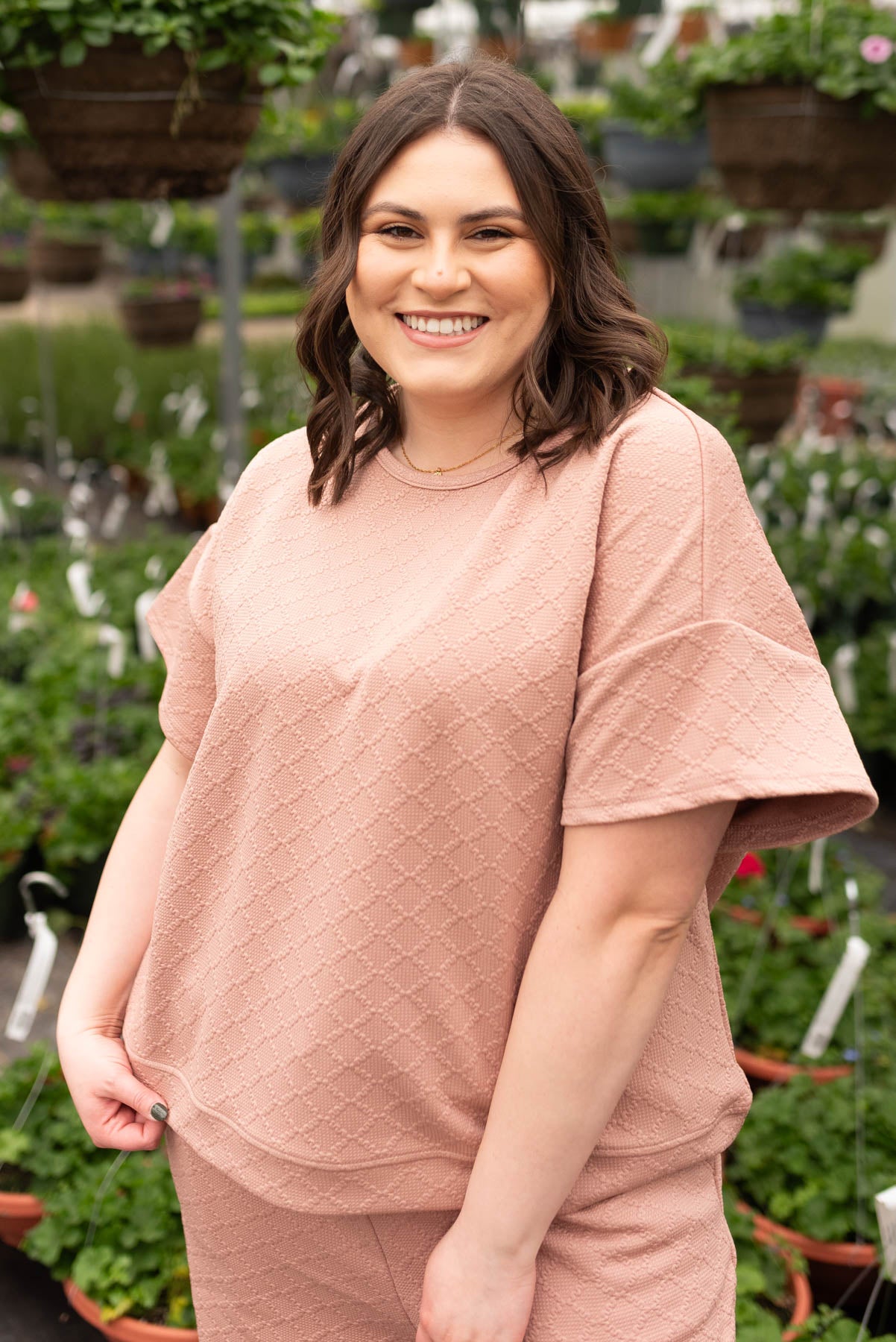 Short sleeve plus size dusty pink textured top