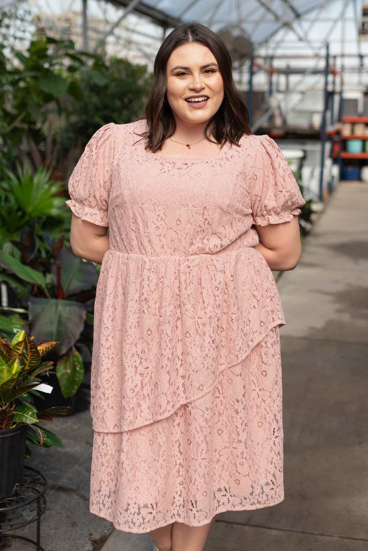 Short sleeve dusty pink lace tiered dress