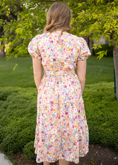 Back view of a short sleeve floral dress