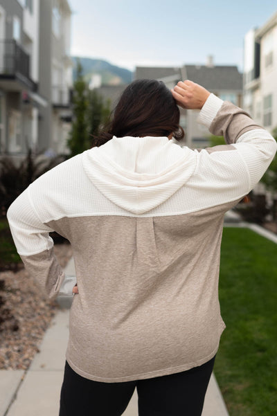 Back view of a plus size cream textured hoodie