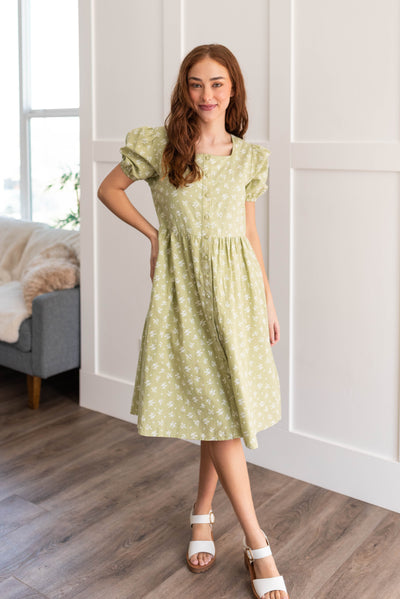 Knee length sage button down dress with short sleeves