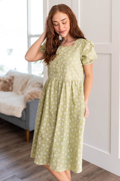 Sage button down dress with a square neck