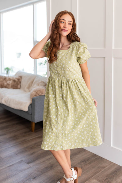Sage button down dress with short sleeves