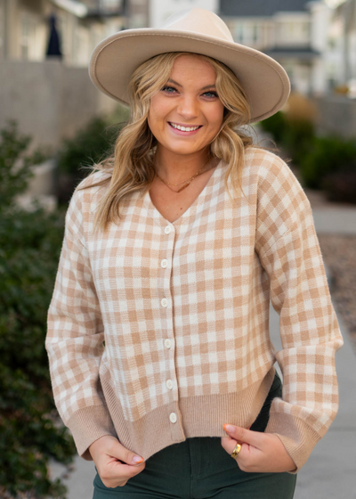 V-neck style taupe checkered button cardigan