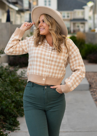 Taupe checkered button cardigan