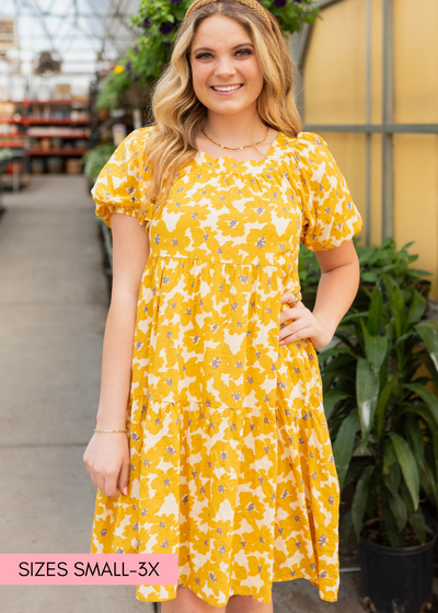 Front view of the mustard floral dress