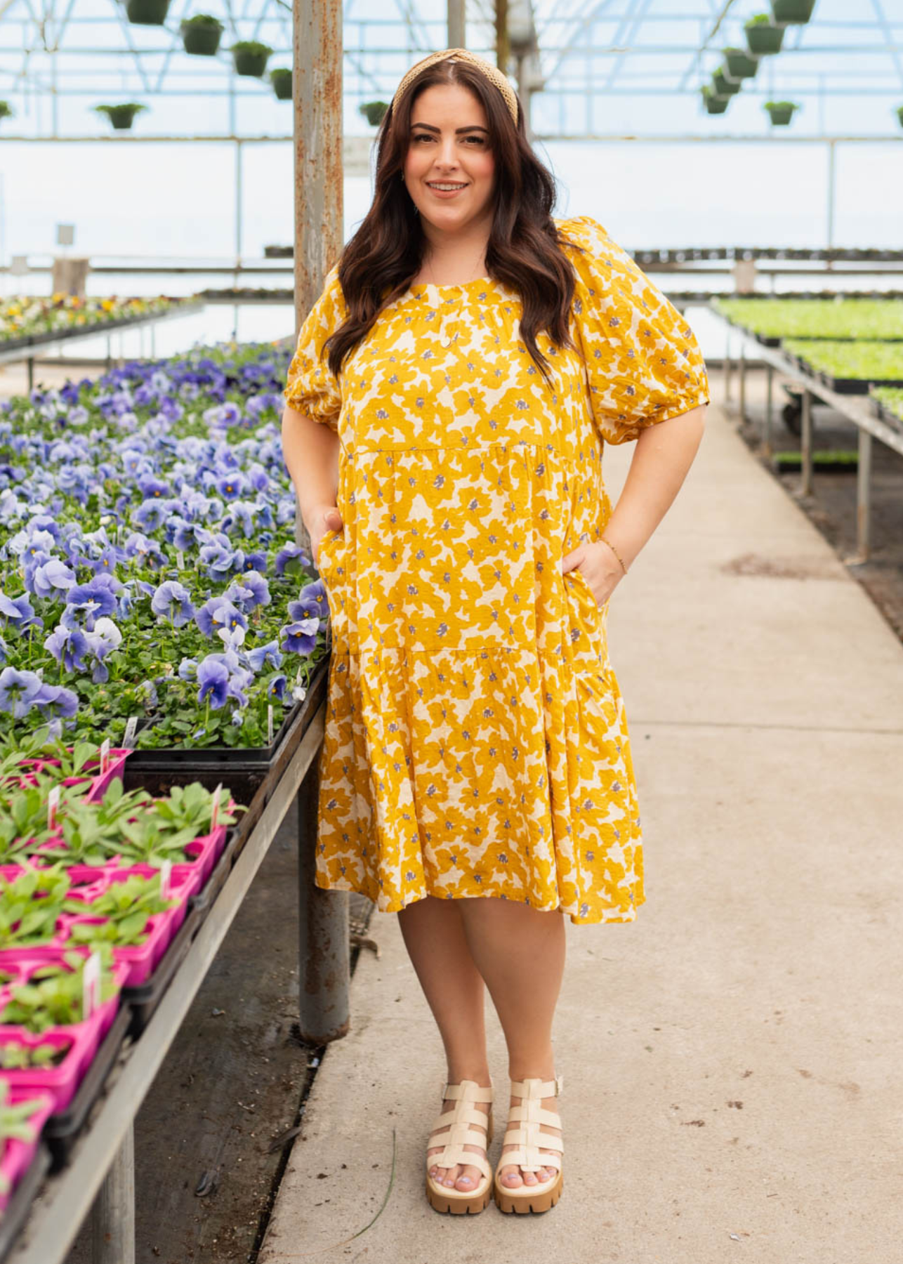 Plus size mustard floral dress with short sleeves and pockets
