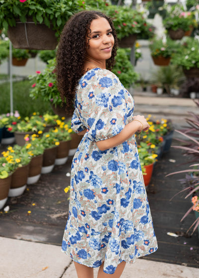 Side view of the blue floral dress