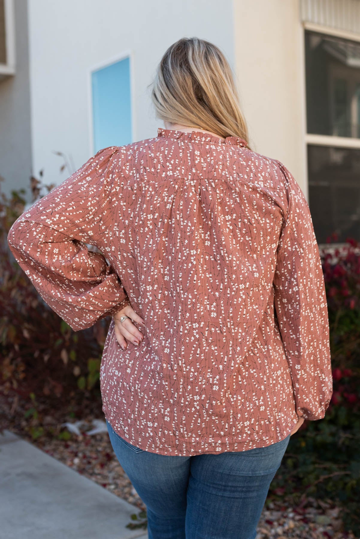 Back view of the plus size marsala floral blouse