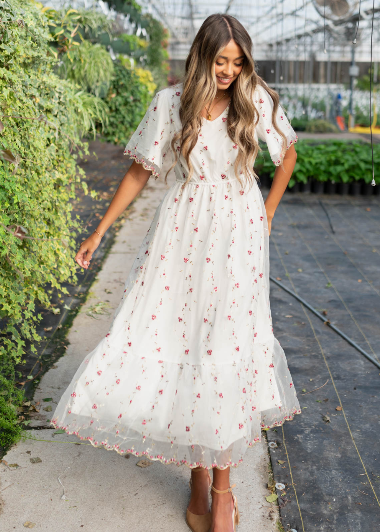 Ivory embroidered floral dress with pick and blush flowers