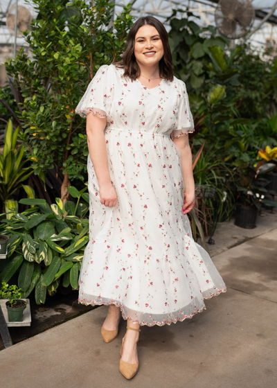 Plus size ivory embroidered floral dress with pink flowers