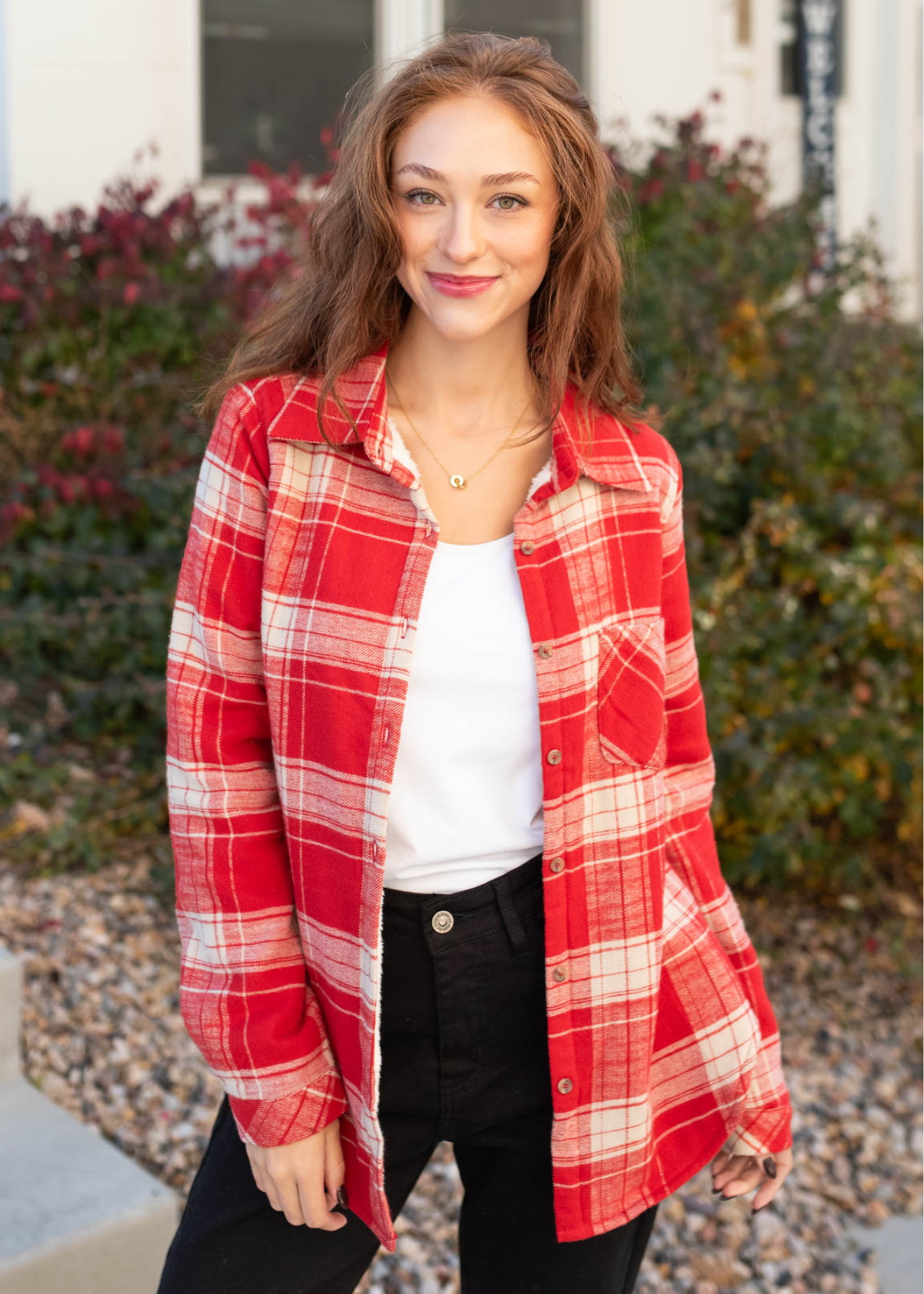 Red plaid top with a front pocket