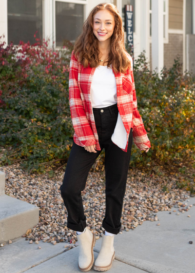 Button up long sleeve red plaid top