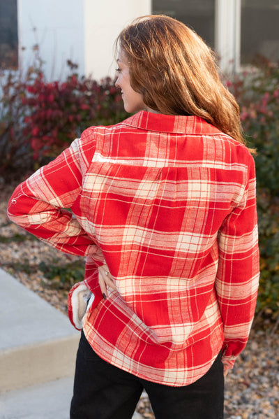 Back view of a red plaid top