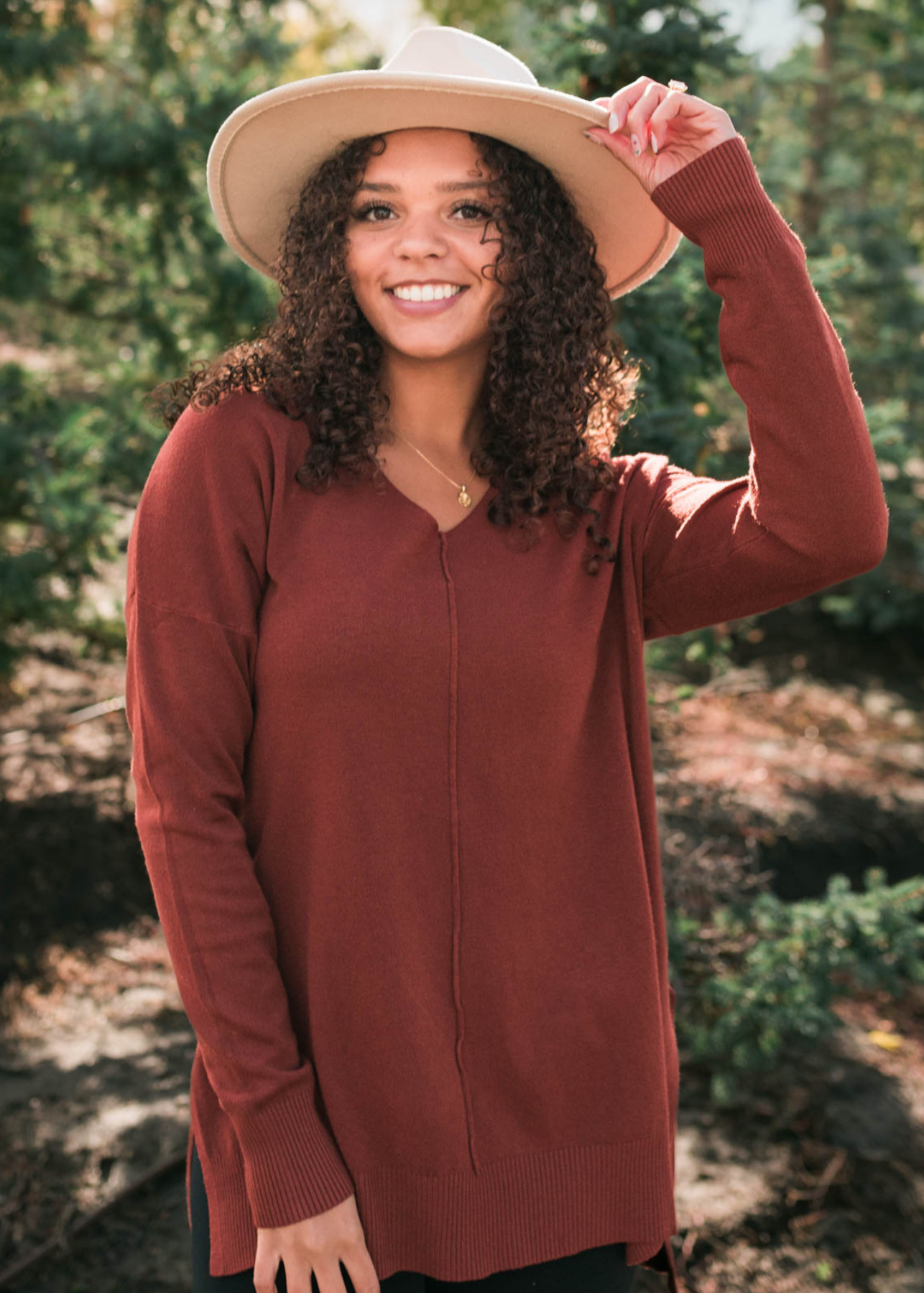 Front view of the dark rust v-neck sweater