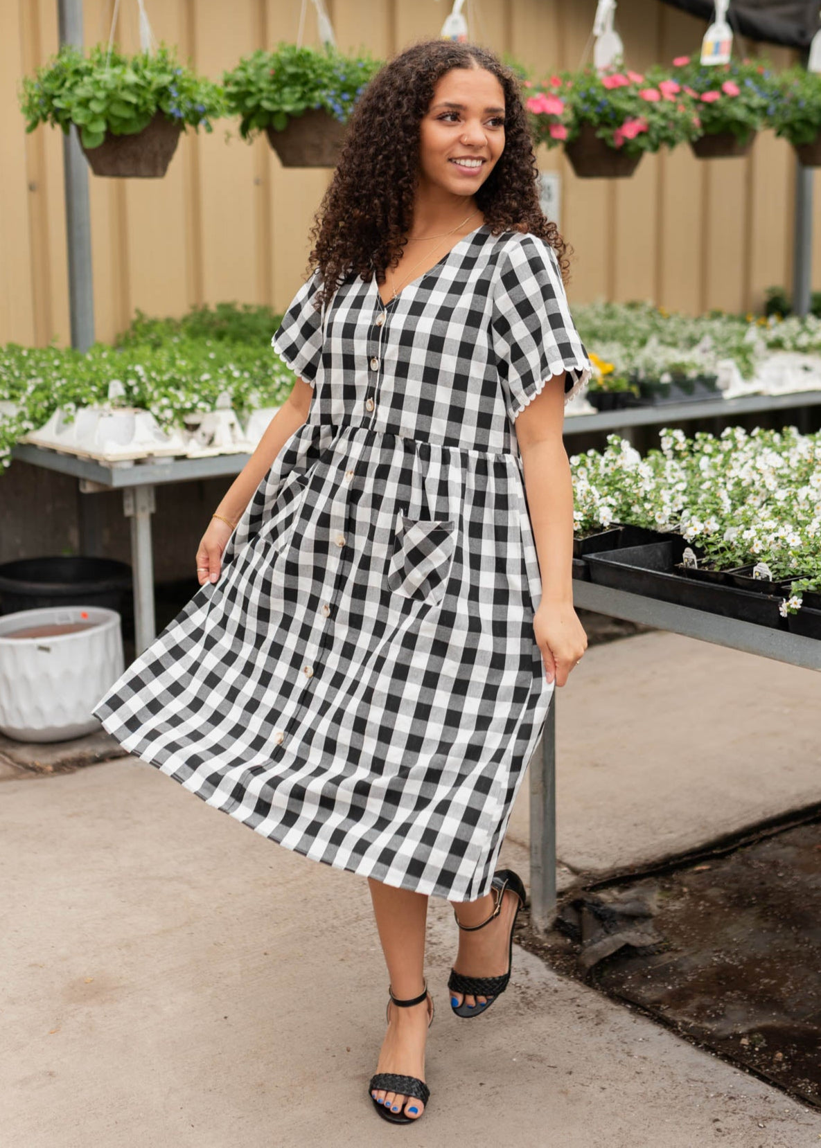 Short sleeve black gingham button dress