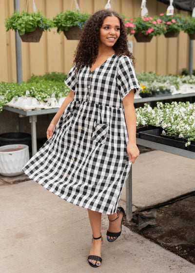 Short sleeve black gingham button dress