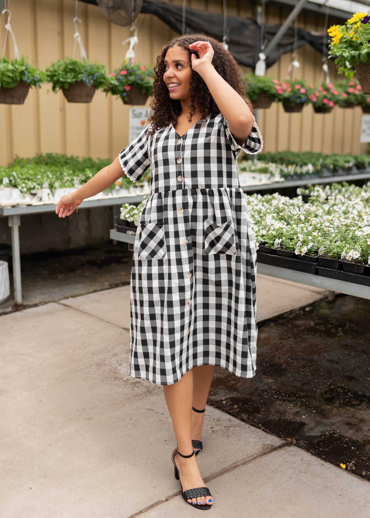 Black gingham button dress