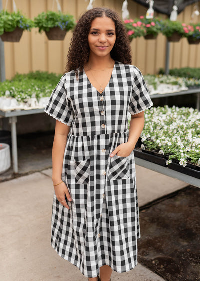 Short sleeve black gingham button dress