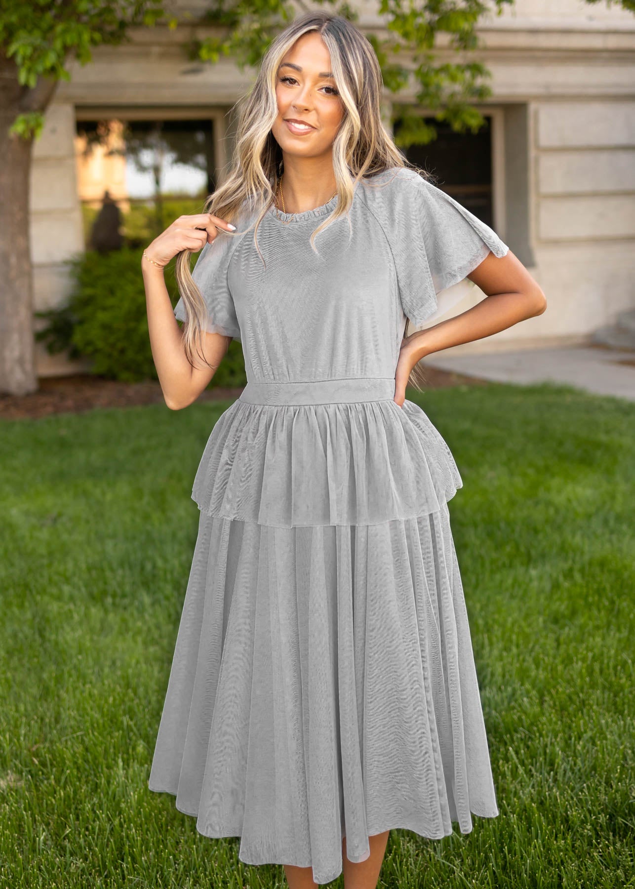 Gray dress with short sleeves and tier ruffle skirt