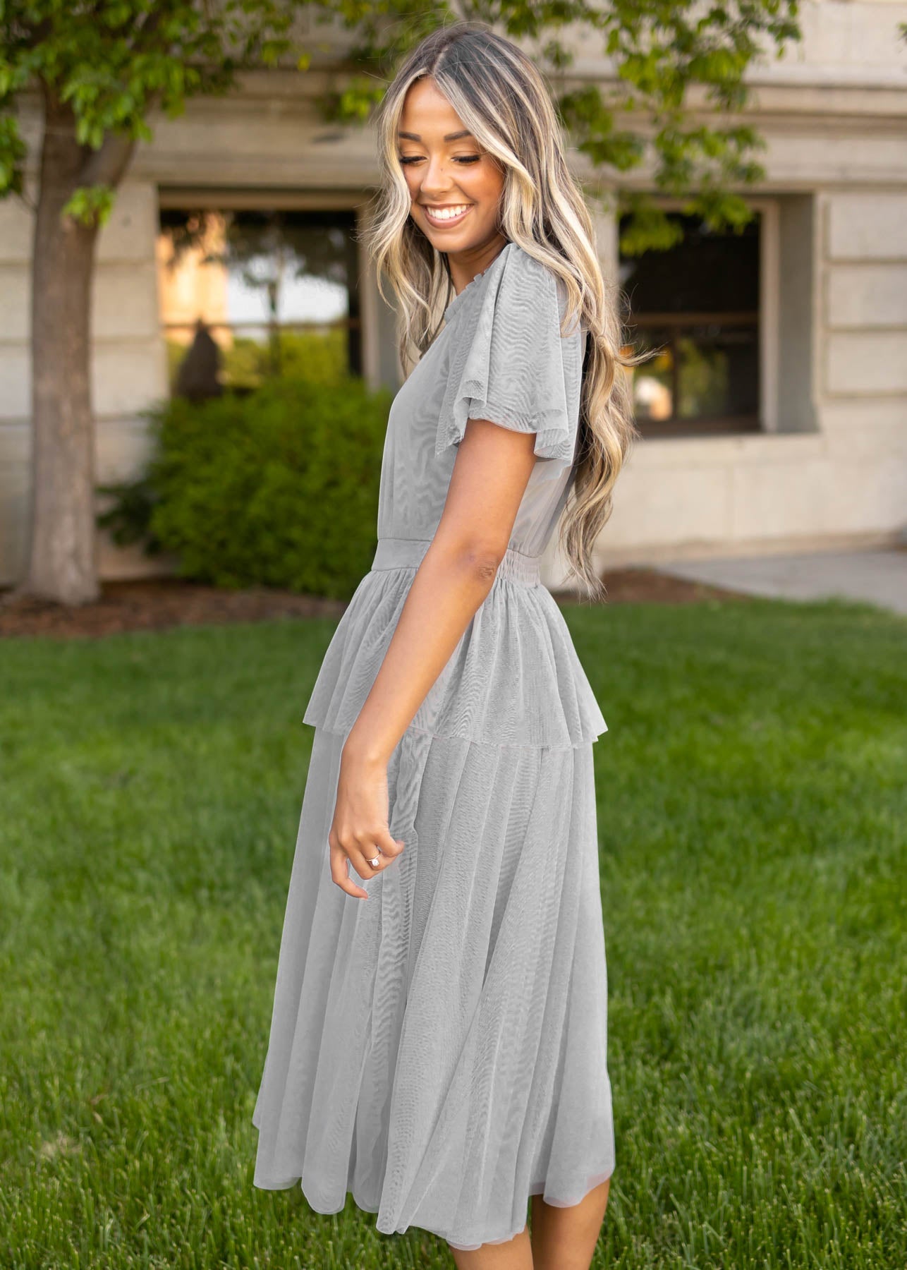 Side view of a gray dress