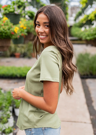 Side view of the sage ribbed top