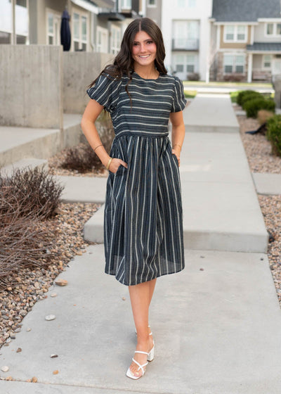 Navy jacquard stripe dress with pockets