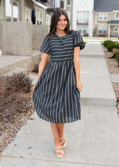 Short sleeve navy jacquard stripe dress