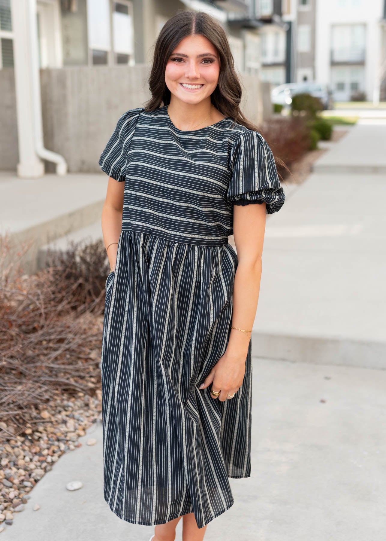 Navy jacquard stripe dress with short sleeves