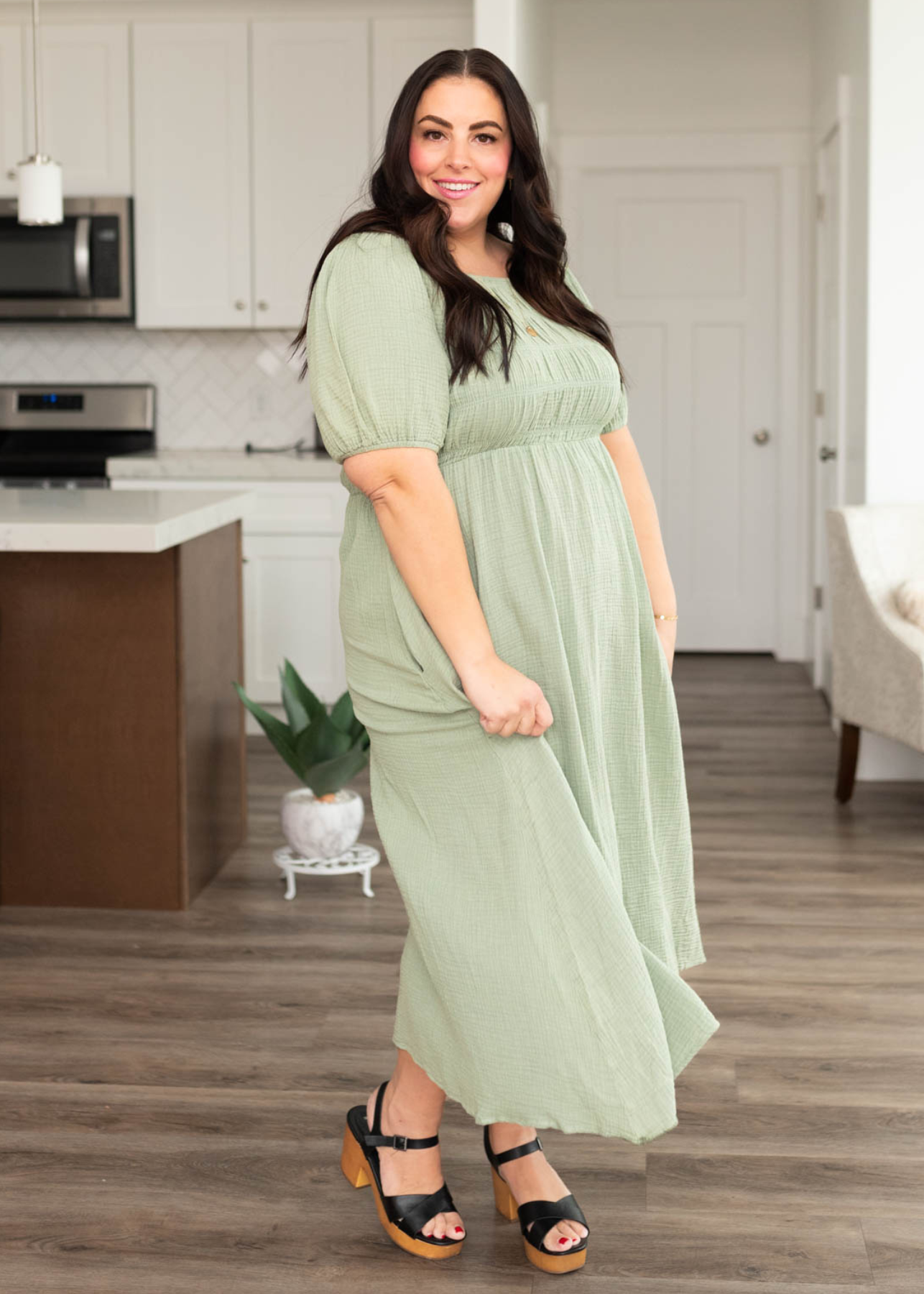 High waisted plus size sage smocked dress with short sleeves