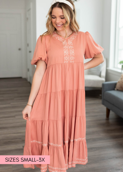 Dusty pink embroidered tiered dress with ivory embroidery 
