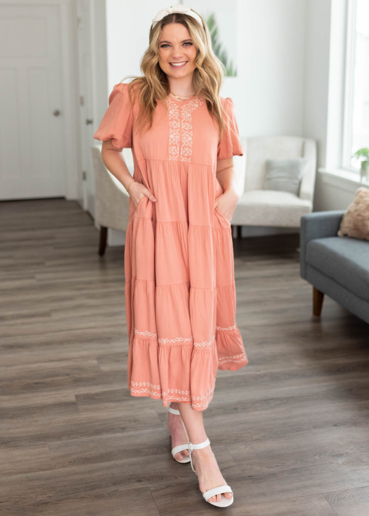 Short sleeve dusty pink embroidered tiered dress with pockets