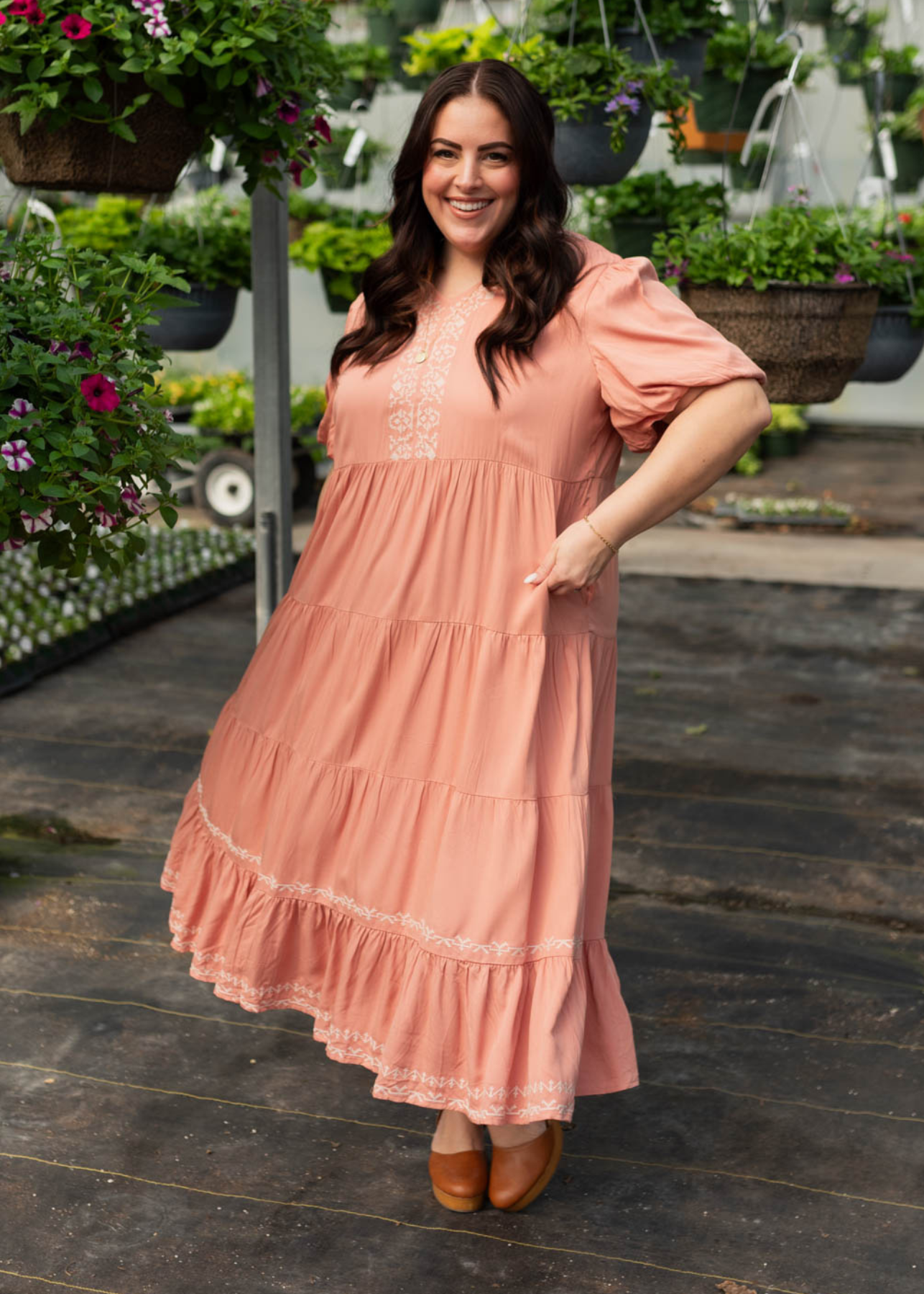 Plus size dusty pink embroidered tiered dress