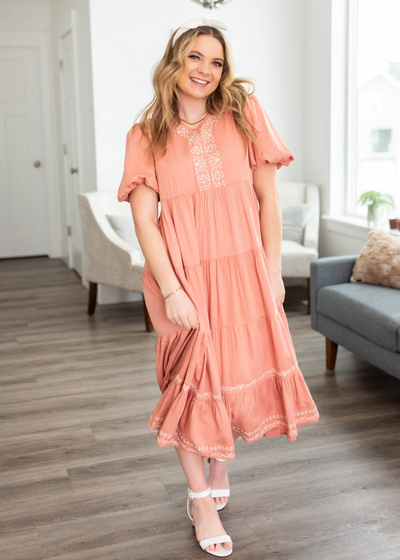 Dusty pink embroidered tiered dress