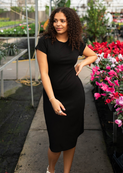 Short sleeve black knit mini dress