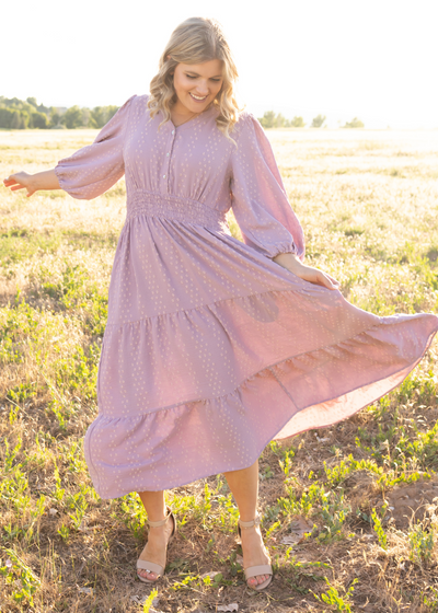 Lavender dress with a button up bodice