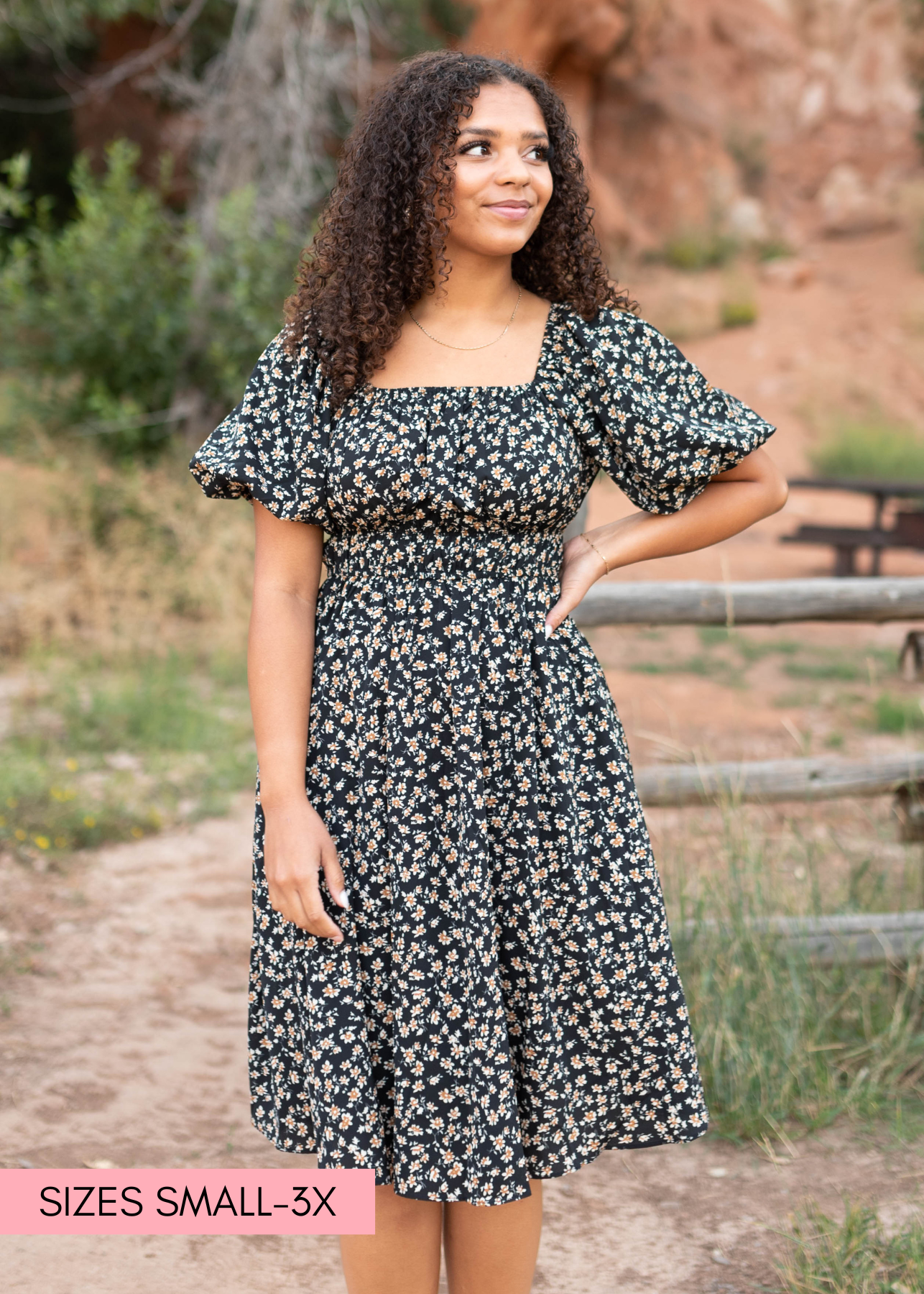 Short sleeve black floral dress with elastic waist and square neck