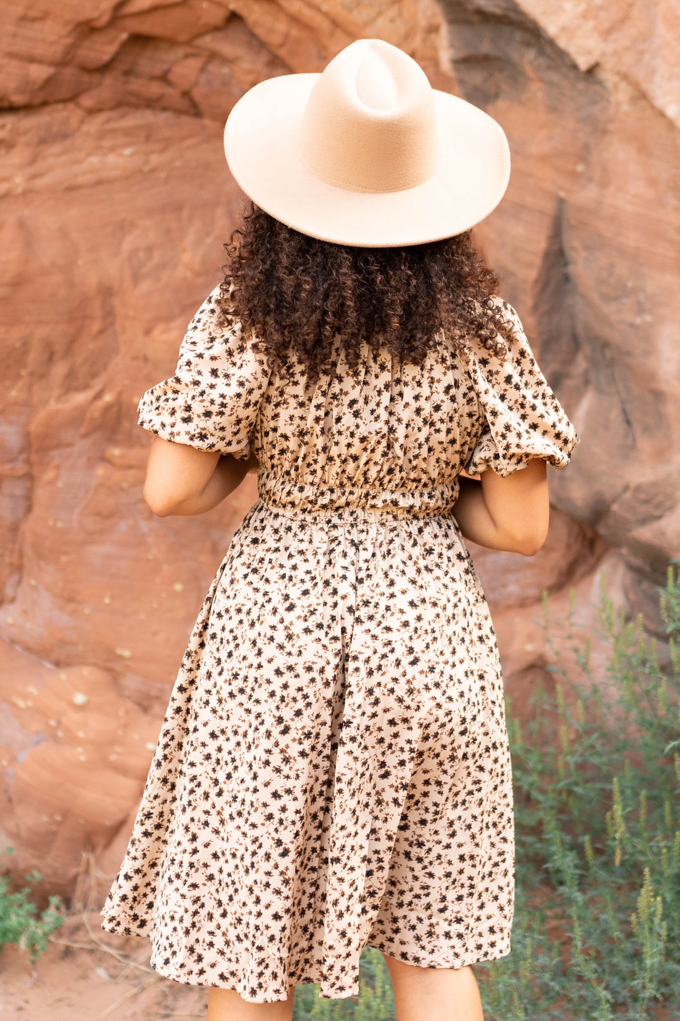 Back view of a brown floral dress