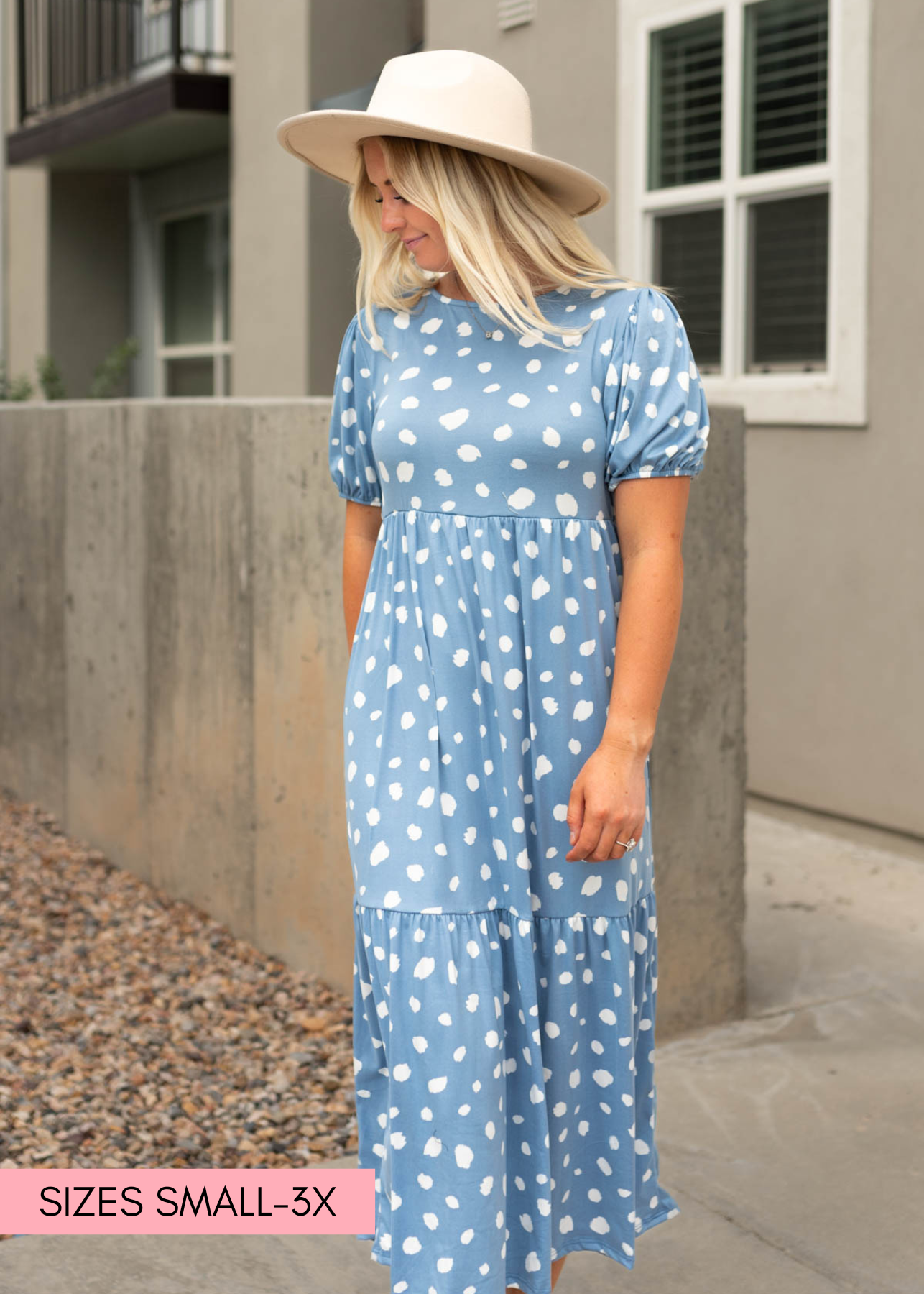 Short sleeve blue dress with white spots