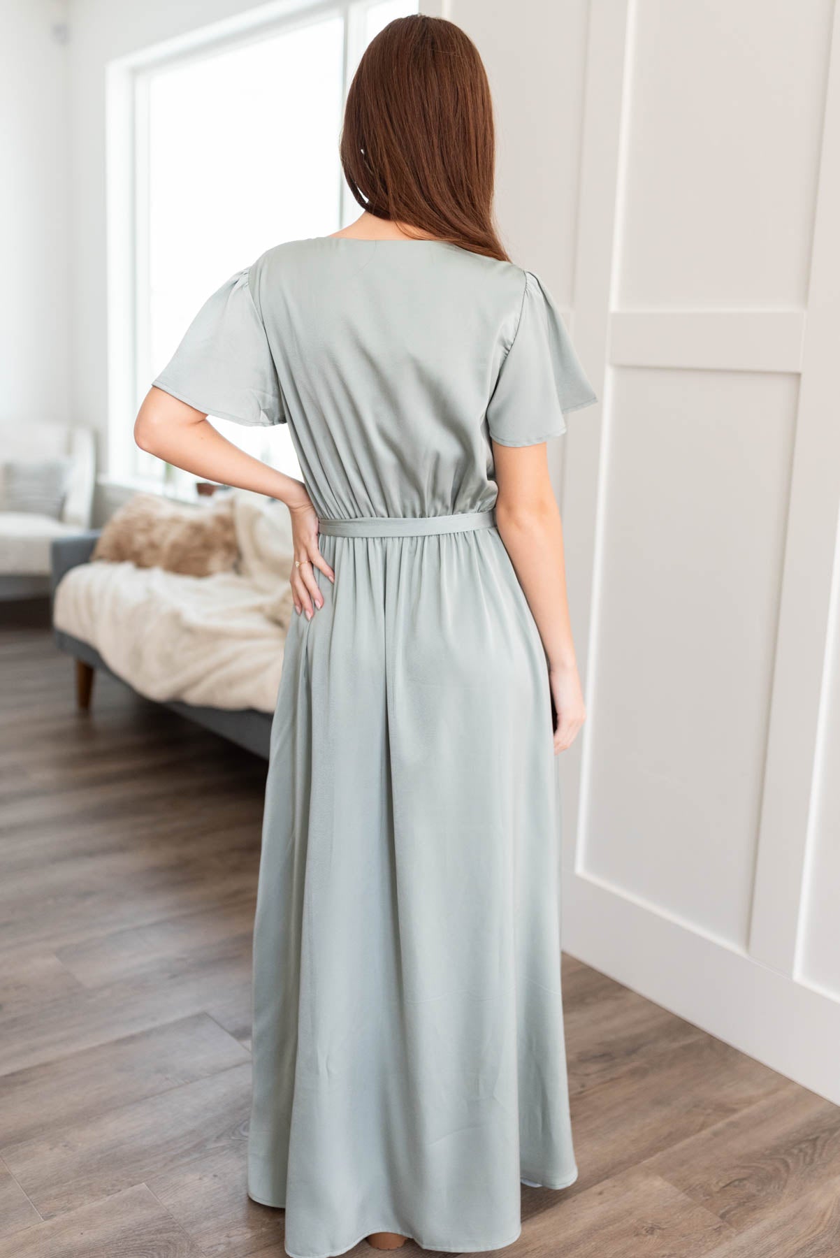 Back view of the sage satin dress