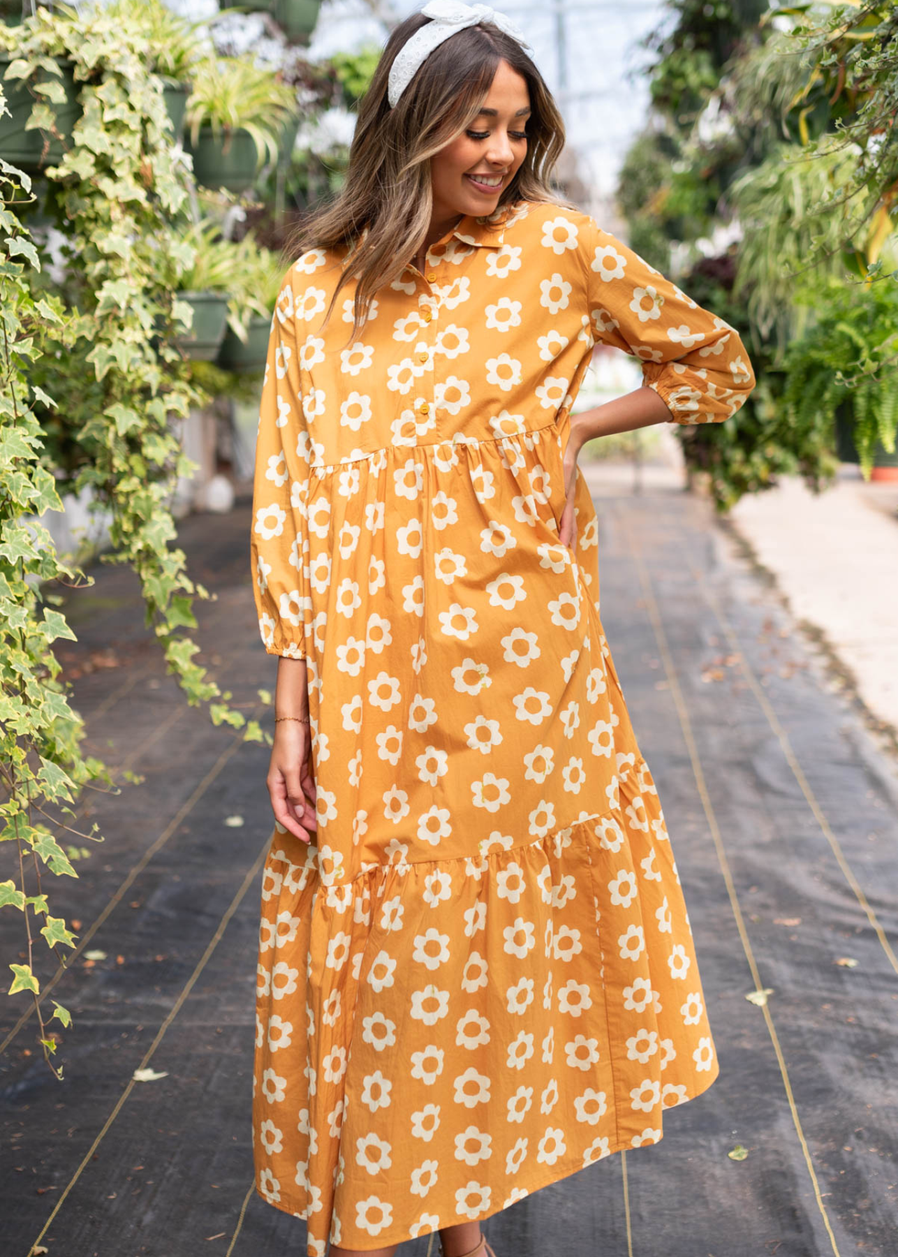 Golden floral dress with tiered skirt