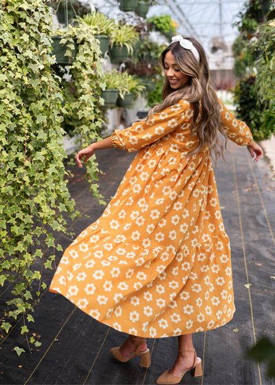 Golden floral dress with 3/4 sleeves