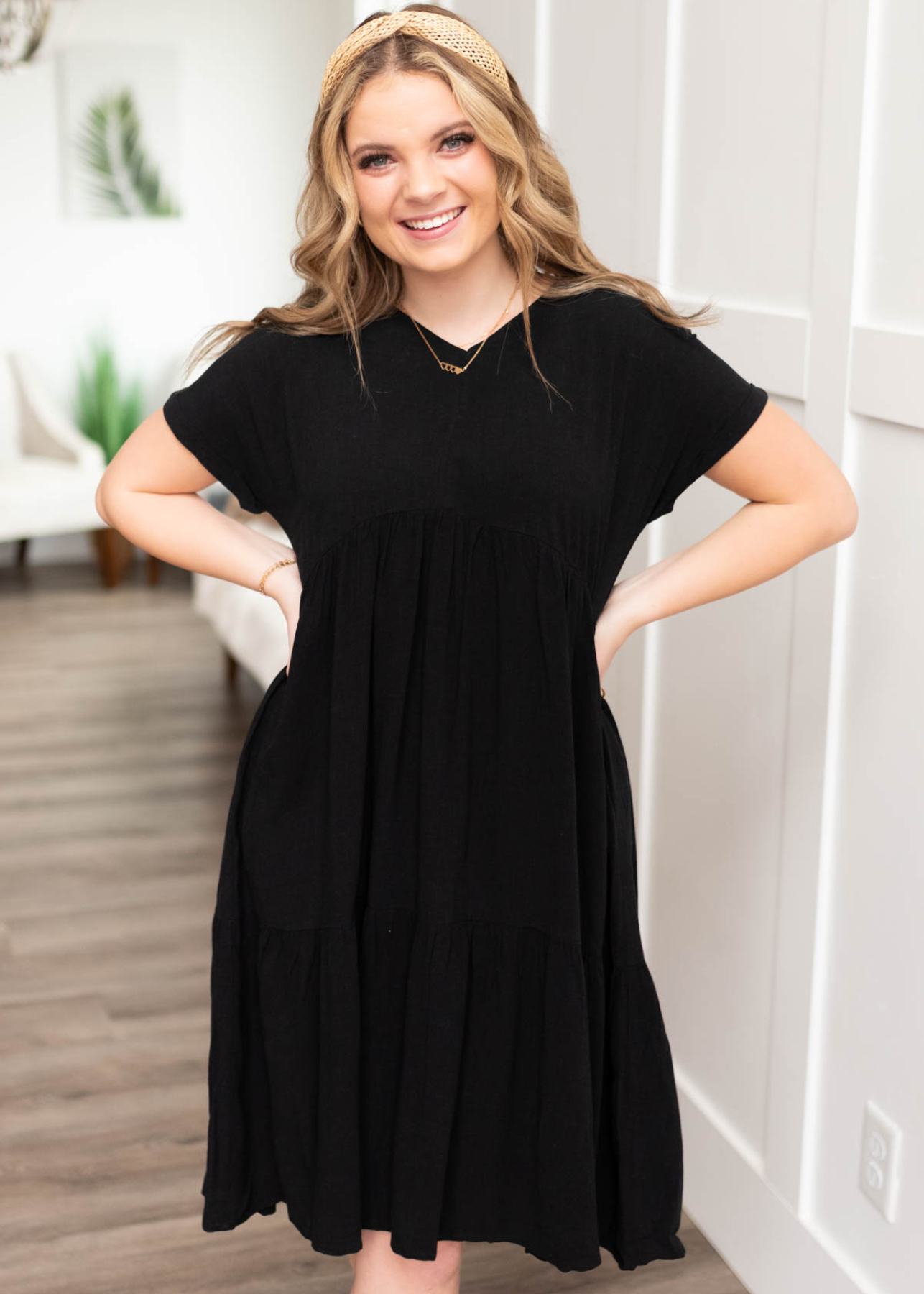Black tiered dress with short sleeves