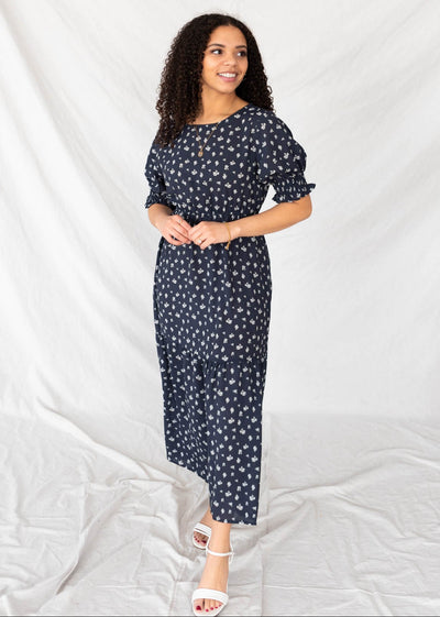 Navy floral dress with short sleeves