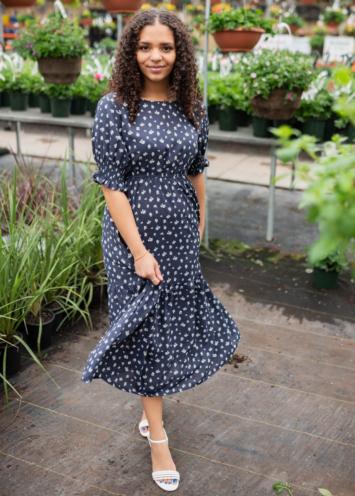 Navy floral dress with white flowers