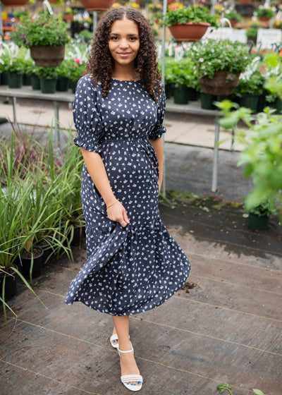 Navy floral dress with white flowers